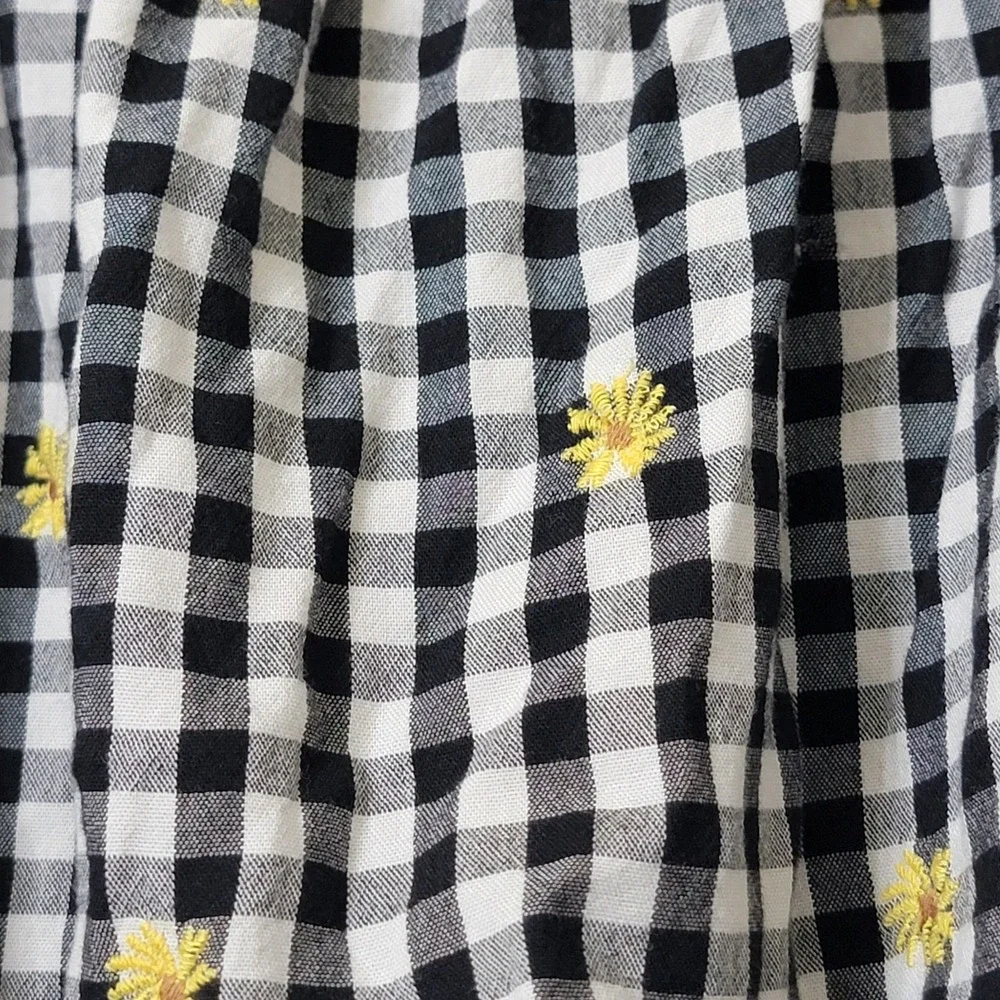 Old Navy Short Puff Sleeve Top Woms XL Gingham Embroidered Daises Boho Cottageco